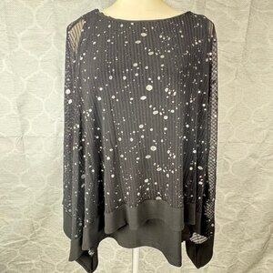 Artex Fashions Black Sheer Foil Dot Tunic Top XL Sparkle Overlay Asymmetric Hem